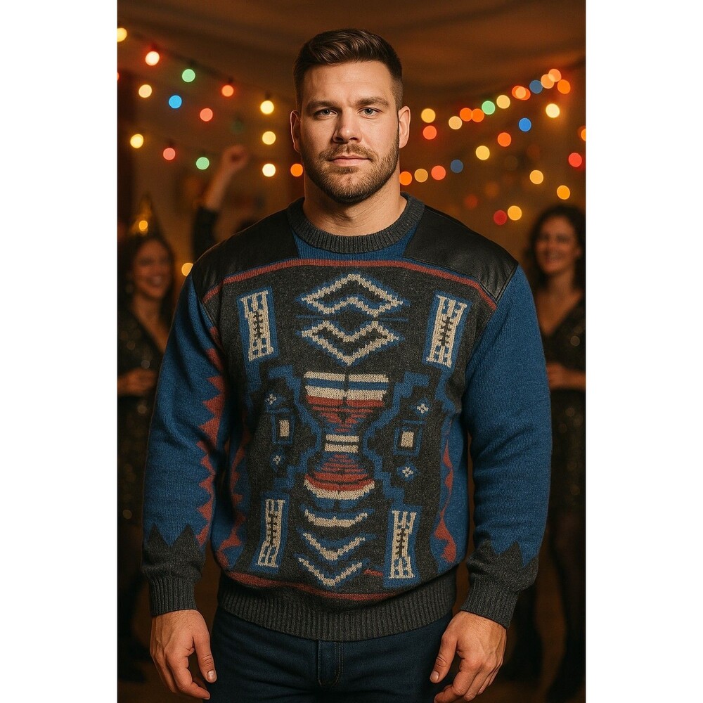 “Vintage Uniform Code Men’s Sweater Large Genuine Leather Trim Aztec Tribal Knit